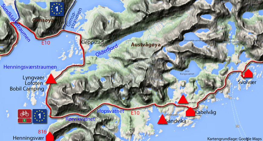 Radtour durch Norwegen. Etappe über die Lofoten von Sundklakkstraumen