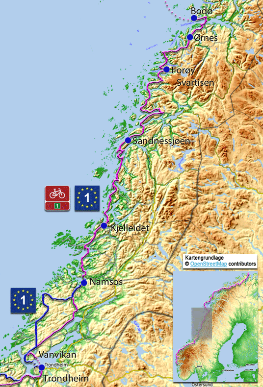 Karte zur Radtour von Trondheim nach Bodø