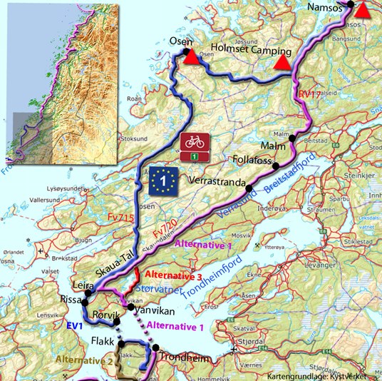 Route zur Radtour von Trondheim nach Namsos
