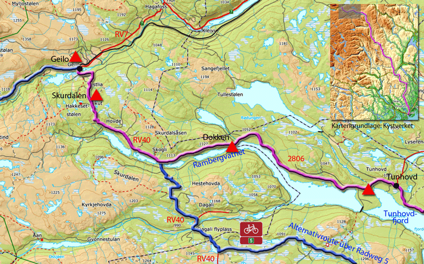 Karte zur Radtour von Tunhovd nach Geilo