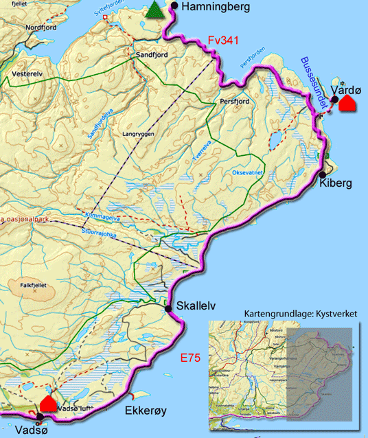 Karte zur Radtour von Vadsø nach Vardø und Hamningberg