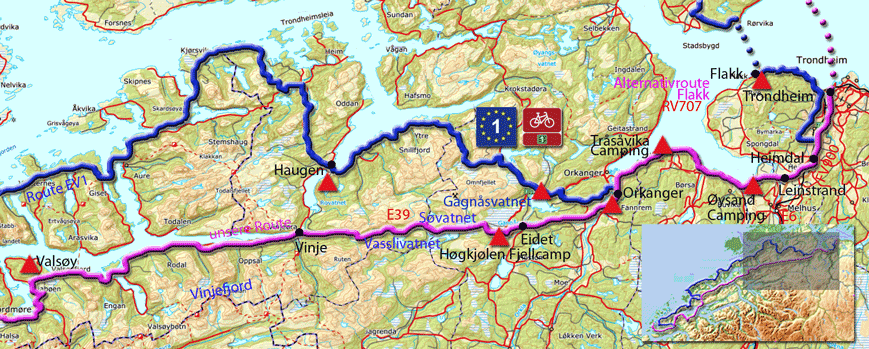 Karte zur Radtour von Valsøy nach Trondheim.