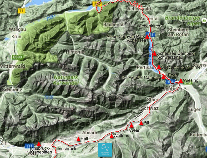 Karte zur Radtour von Achenwald nach Innsbruck