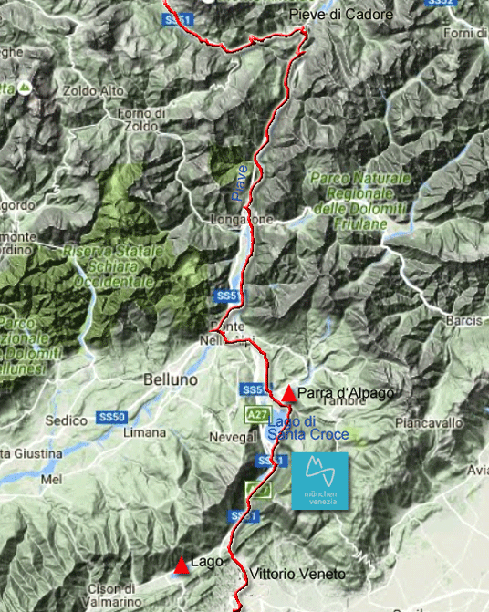 Karte zur Radtour von Pieve di Cadore nach Vittorio Veneto