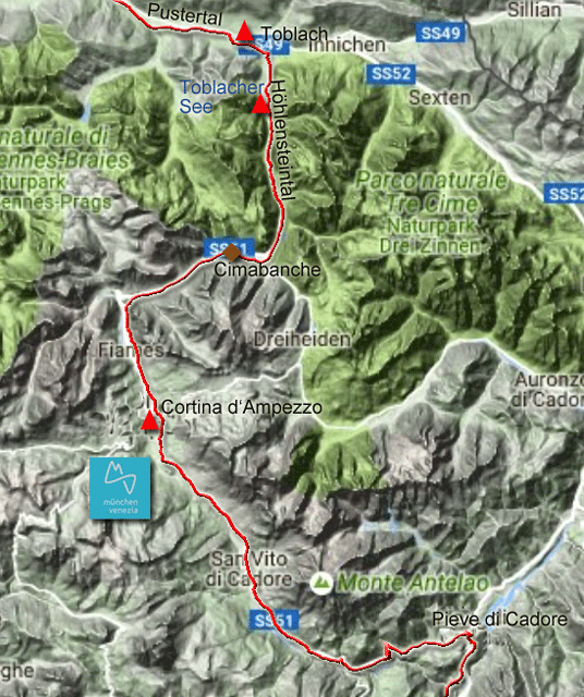 Karte zur Radtour von Toblach nach Pieve di Cadore