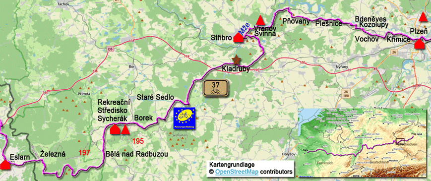 Karte zum Paneuropa-Radweg von Eslarn nach Plzen