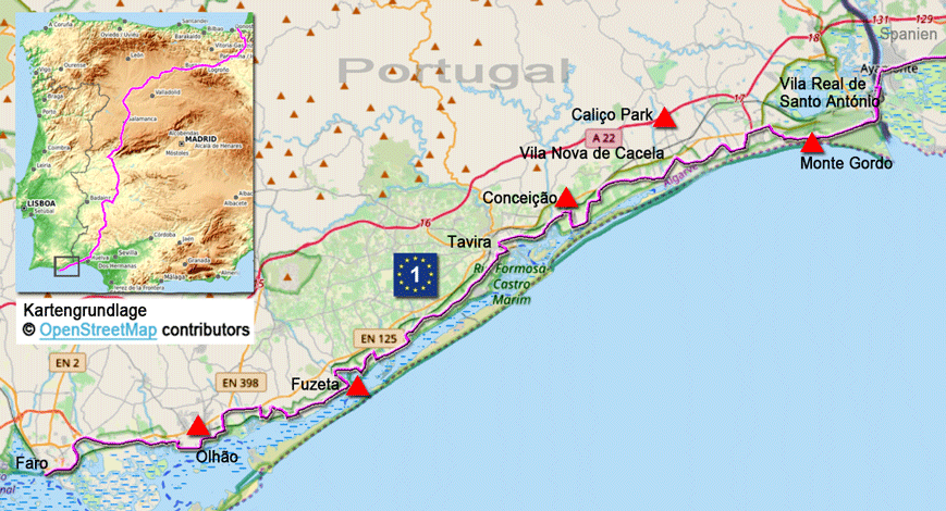 Karte zur Radtour auf dem Eurovelo 1 von Faro nach Vila Real de Santo António