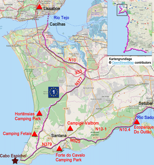 Karte zur Radtour auf dem Eurovelo 1 von Lissabon nach Setúbal