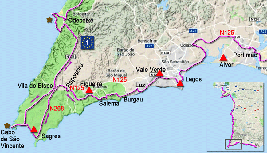 Karte zur Radtour von Sagres nach Portimão