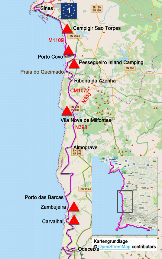 Karte zur Radtour von Sines nach Odeceixe