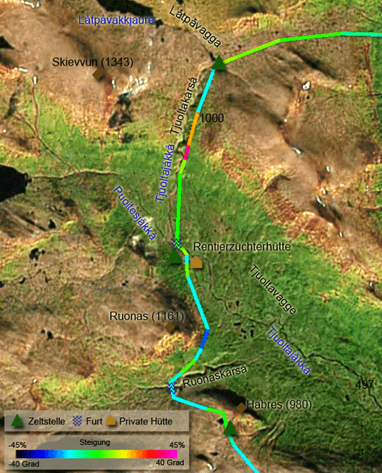 Karte zur Wanderung von Habres durch das Tjuoltavagge ins Låptåvagge