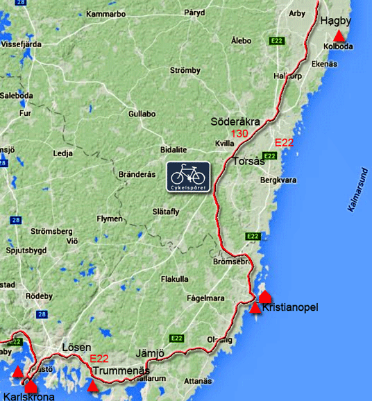 Karte zur Radtour von Hagby nach Karlskrona, Schweden