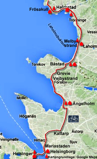 Karte zur Radtour von von Helsingør nach Halmstad