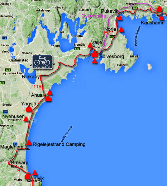 Karte zur Radtour von Karlshamn nach Kivik, Schweden