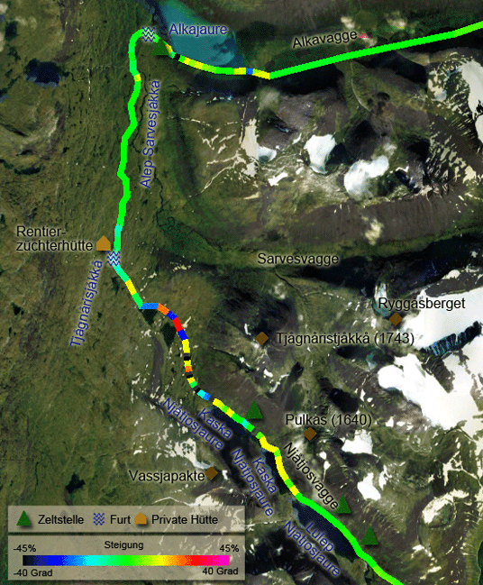 Route der Wanderung vom Lulep Njåtjosjaure zum Alkajaure