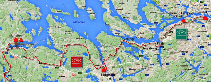Karte zur Radtour von Stockholm nach Mariefred, Schweden