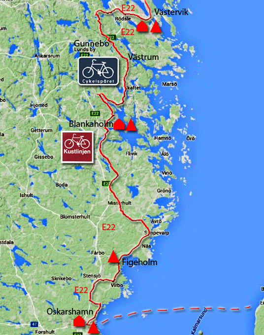 Karte zur Radtour von Västervik nach Oskarshamn, Schweden