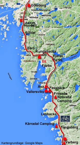 Karte zur Radtour von Varberg nach Göteborg