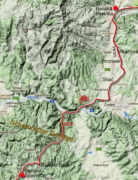 Karte zur Radtour durch die Slowakei von Banská Bystrica nach Banská Štiavnica
