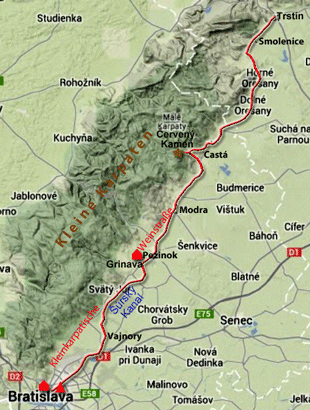Karte zur Radtour von Bratislava nach Trstín