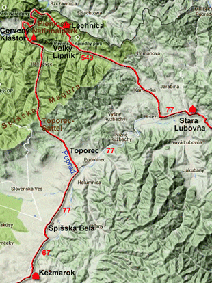 Karte zur Radtour von Kežmarok nach Stara Lubovňa