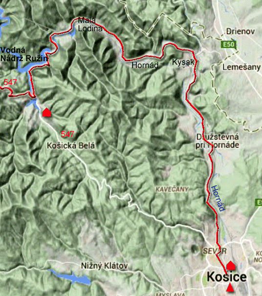 Karte zur Radtour von Košice nach Košická Belá