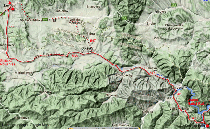 Karte zur Radtour von Košická Belá nach Levoča