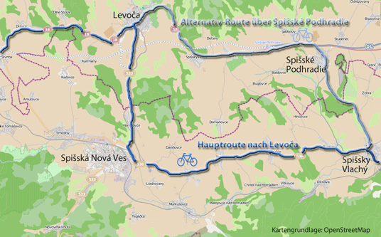 Haupt- und Alternativ-Route nach Levoča