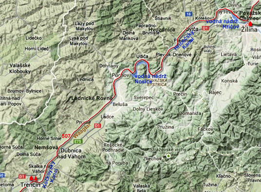 Karte zur Radtour von Trenĉín nach Žilina