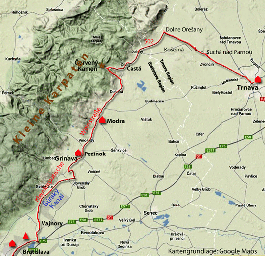 Karte zur Radtour von Trnava nach Bratislava