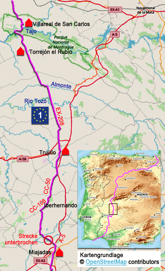 Karte zur Radtour auf dem Eurovelo 1 von Miajadas nach Villareal de San Carlos