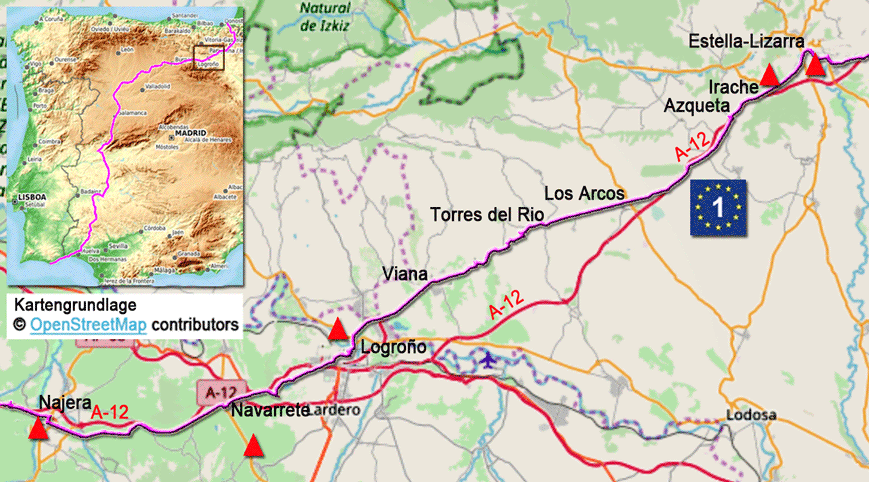 Karte zur Radtour auf dem Eurovelo 1 von Najera nach Estella-Lizarra