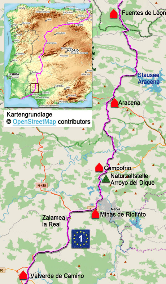 Karte zur Radtour auf dem Eurovelo 1 von Valverde del Caminon nach Fuentes de Leon