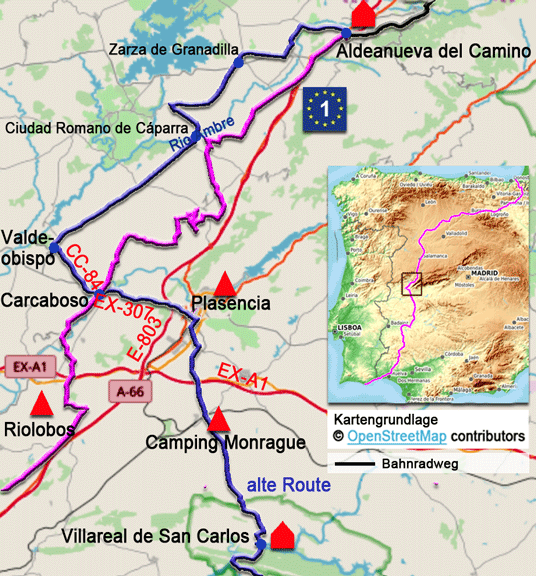 Karte zur Radtour auf dem Eurovelo 1 von Villareal de San Carlos nach Aldeanueva del Camino