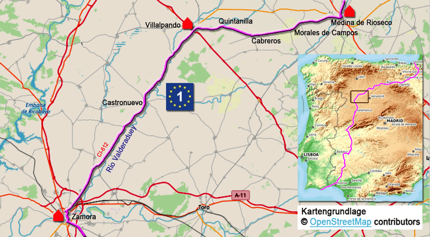 Karte zur Radtour auf dem Eurovelo 1 von Zamora nach Medina de Rio Seco