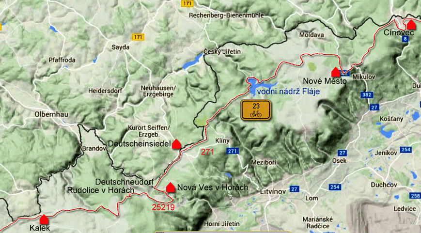 Karte zur Radtour von Radtour von Cínovec nach Kalek