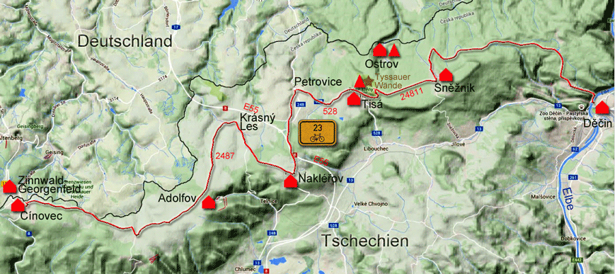 Karte zur Radtour von Radtour von Děčin nach Cínovec