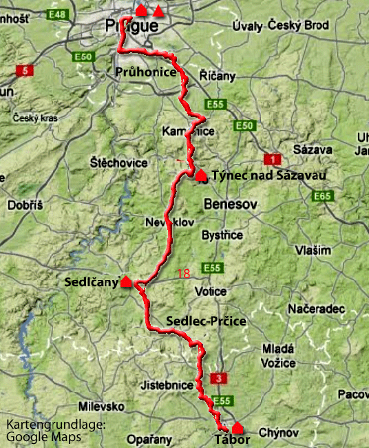Karte Greenways von Prag nach Tábor