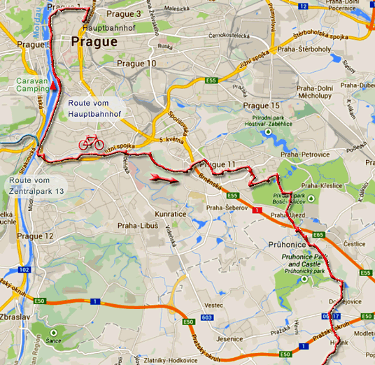 Karte Greenways Prag-Wien, Abschnitt durch Prag