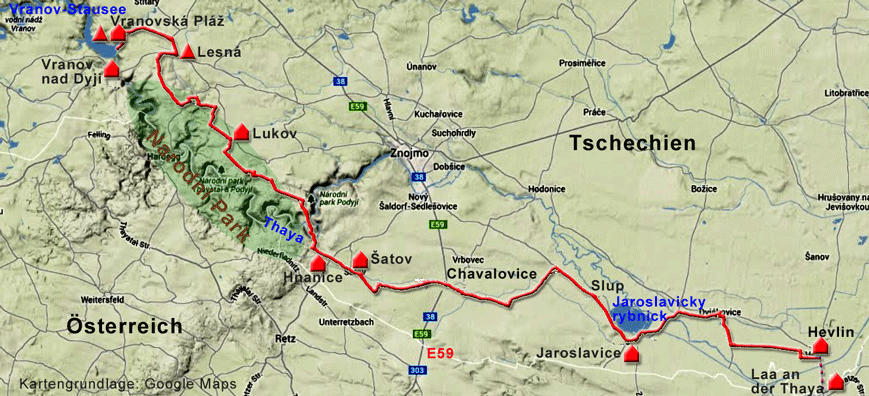 Karte Greenways von Vranov nad Dyj nach Laa an der Thaya