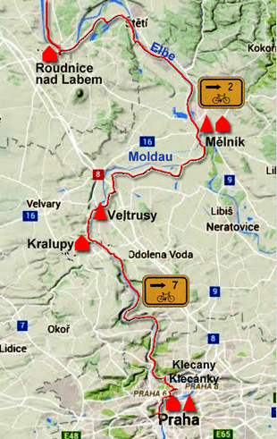 Karte zur Radtour von Prag nach Roudnice nad Labem