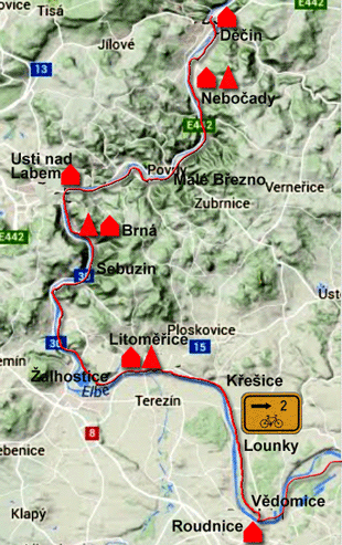Karte zur Radtour von Roudnice nad Labem nach Děčin