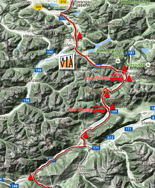 Karte zum Radweg Via Claudia Augusta von Füssen nach Landeck