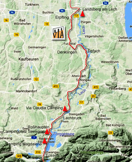 Karte zum Radweg Via Claudia Augusta von Landsberg am Lech nach Füssen