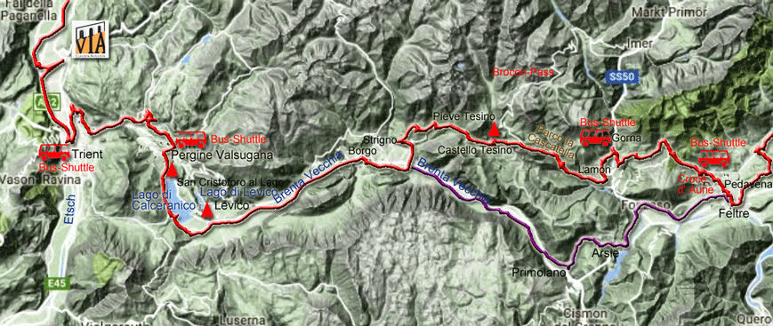 Karte zum Radweg Via Claudia Augusta von Trient nach Feltre